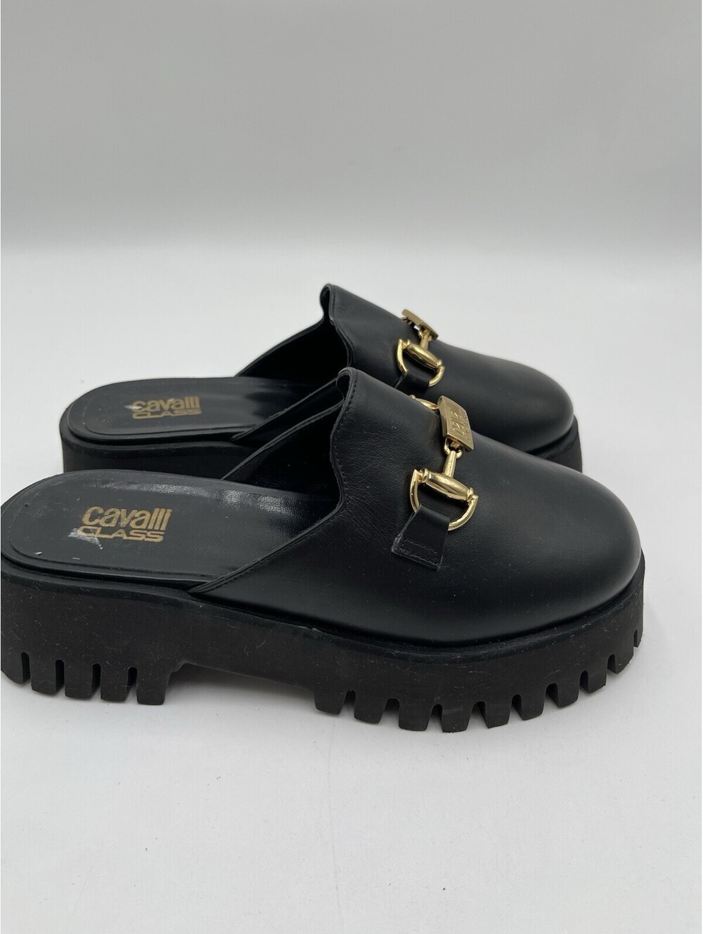 Cavalli Class by Roberto Cavalli black leather lug sole mules horsebit Size 36